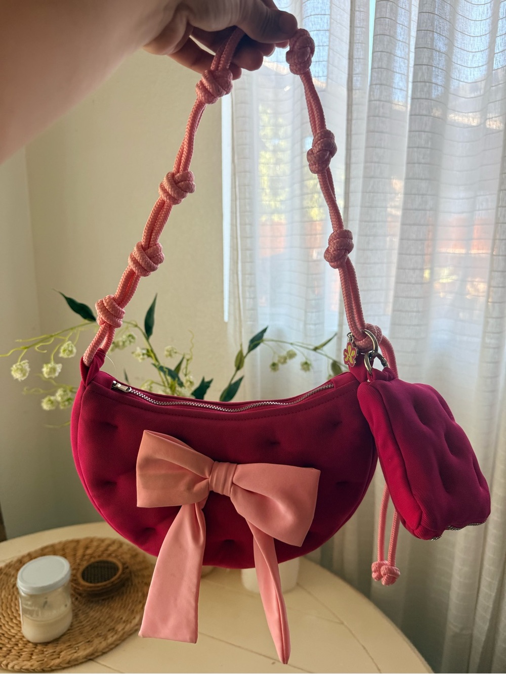 Pink Bow Accent Shoulder Bag with Knot Strap